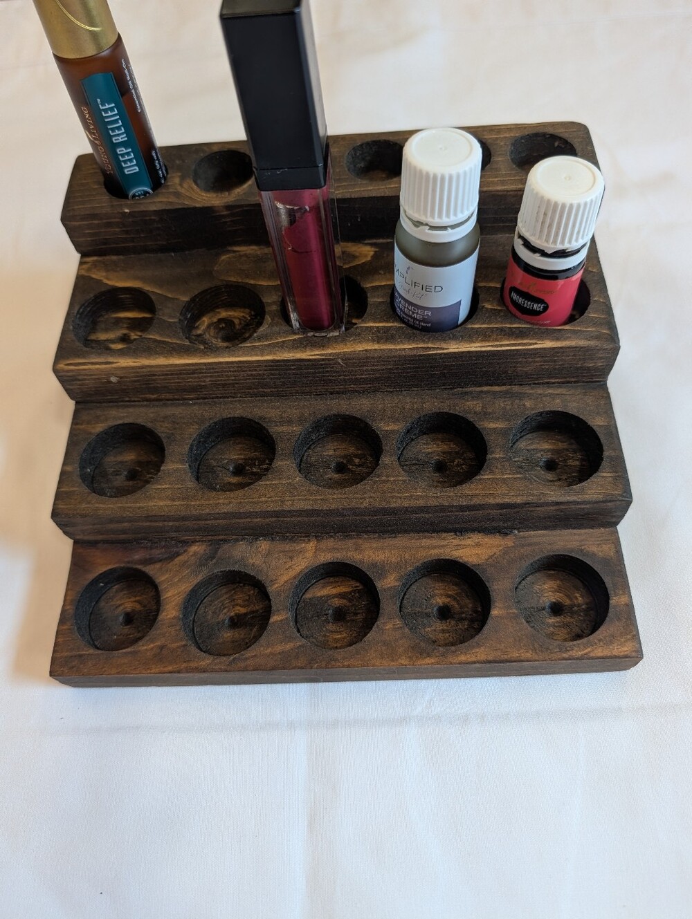Rustic Dark Wood Tiered Essential Oil & Lipstick Display Stand Organizer